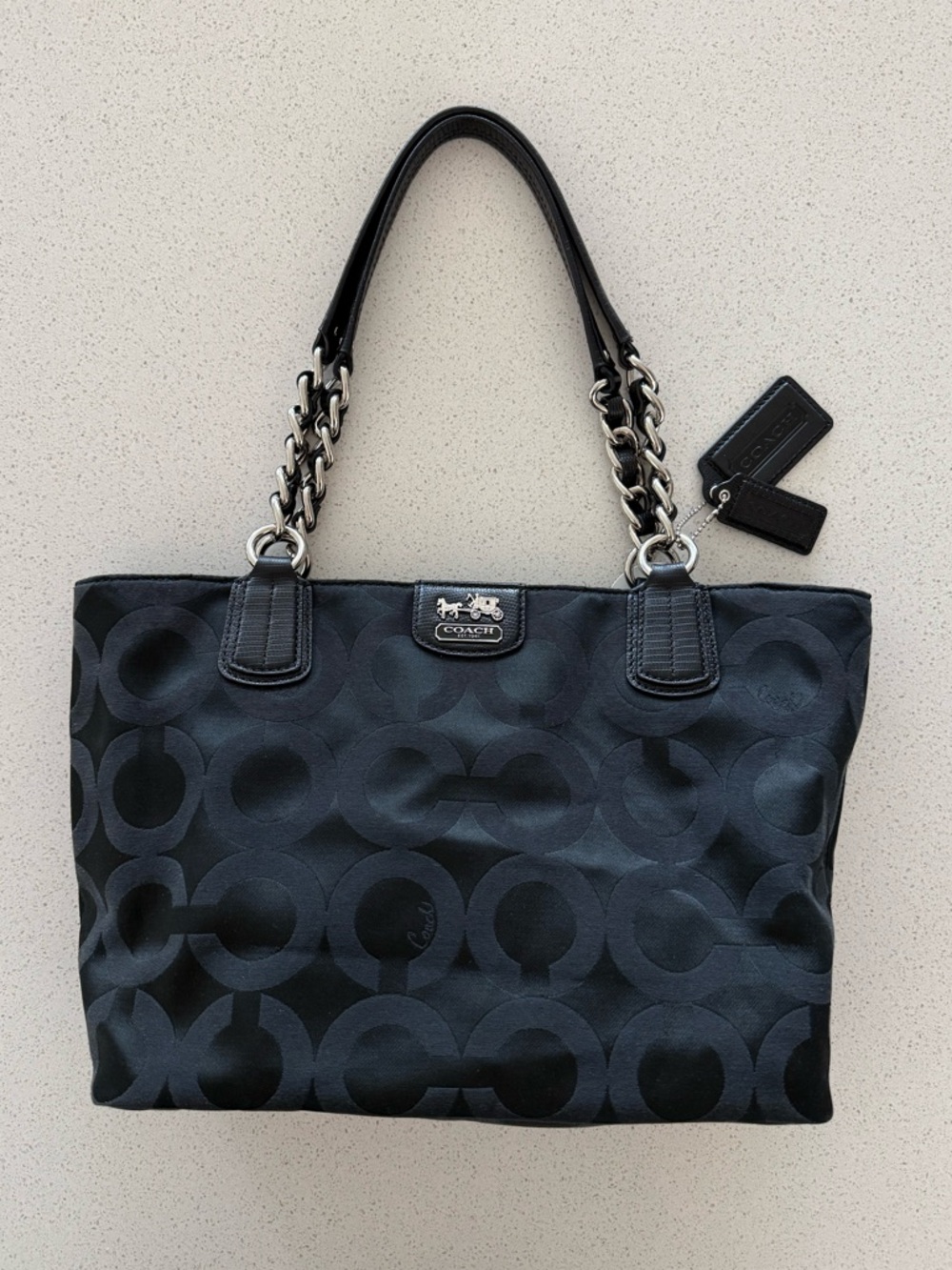 Coach Black Signature Madison Op Art Jacquard Tote with Chain-Trim Handles